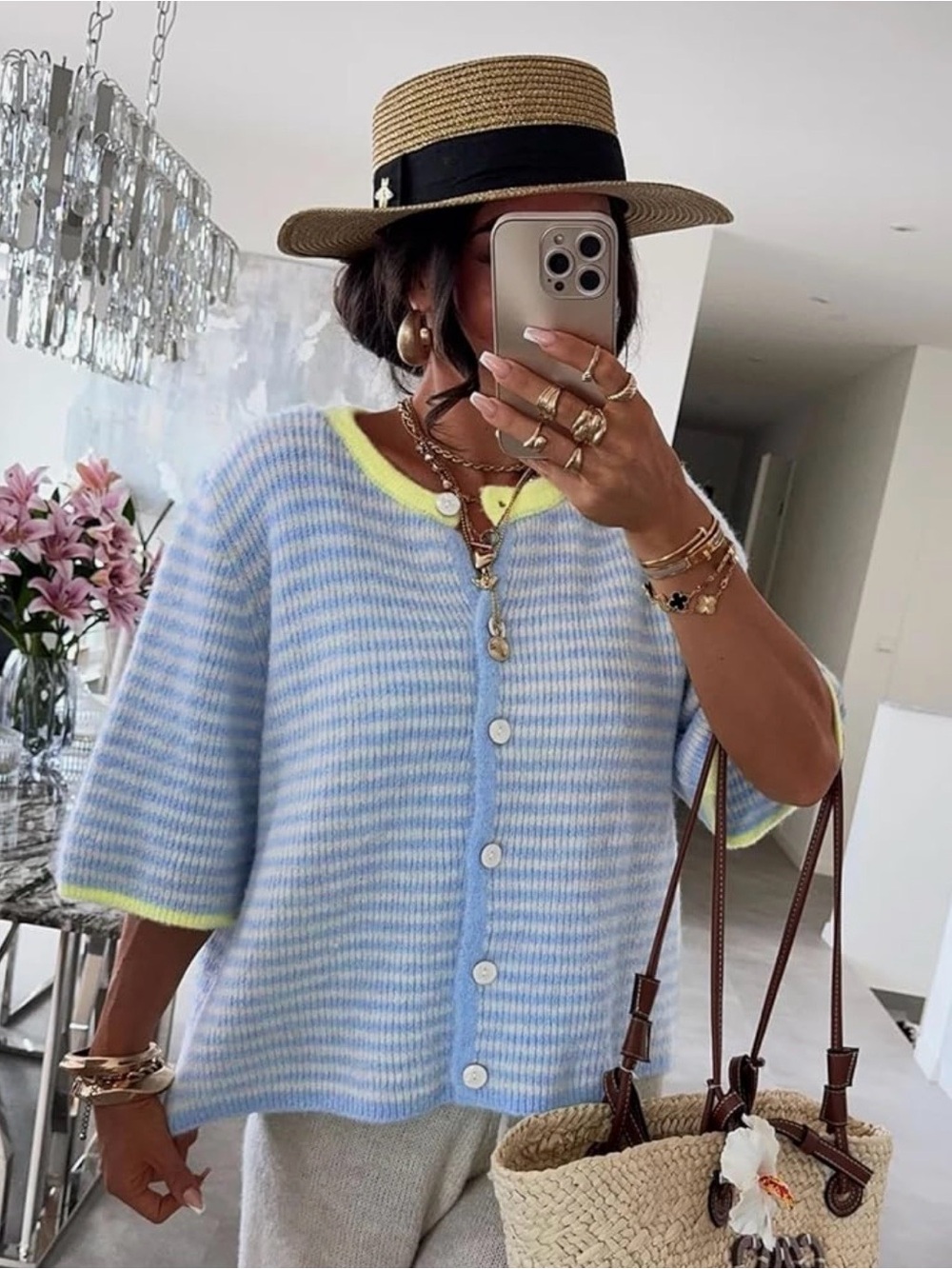 Soft Striped Button-Front Knit Cardigan - Light Blue with Yellow Trim